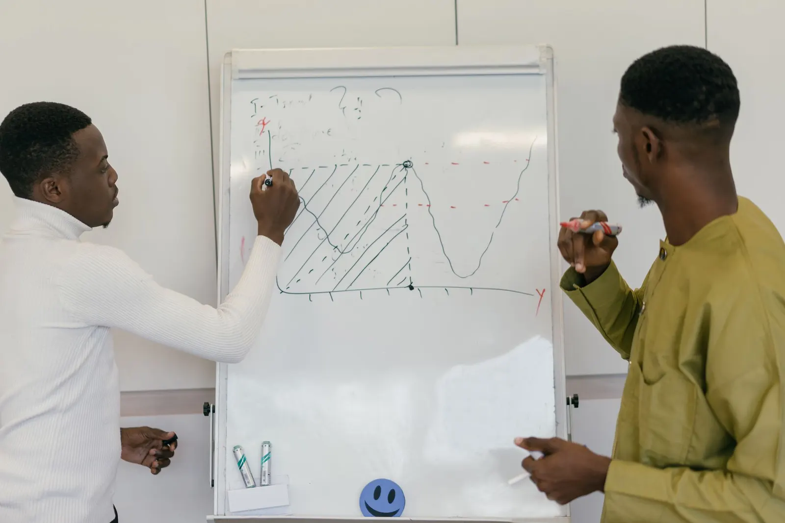 Two colleagues sketching a chart on a whiteboard to explain how cybersecurity programs are scored
